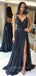 Black V Neck A-Line Sparkle Backless Backless Long Evening Prom Dresses, Cheap Custom Prom Dress, MR7388