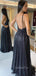 Black V Neck A-Line Sparkle Backless Backless Long Evening Prom Dresses, Cheap Custom Prom Dress, MR7388