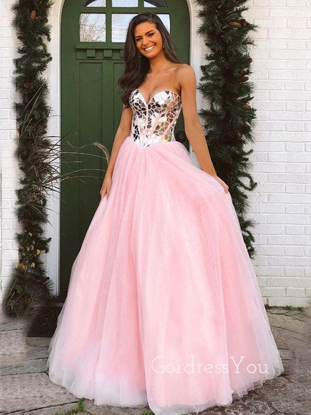 Pink Tulle Lace A-line Backless Long Prom Dresses MP694