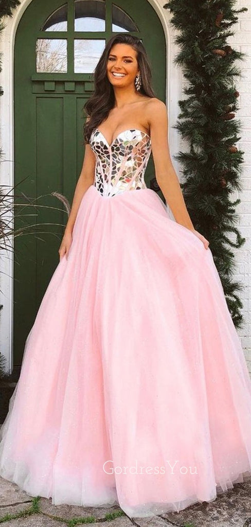 Pink Tulle A-Line Rhinestone Backless Long Evening Prom Dresses, Cheap Custom Prom Dresses, MR7393