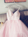 Pink Tulle A-Line V Neck Backless Long Evening Prom Dresses, Cheap Custom Prom Dresses, MR7394