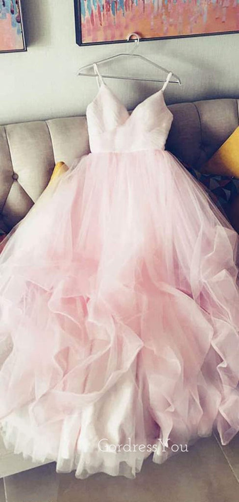 Pink Tulle A-Line V Neck Backless Long Evening Prom Dresses, Cheap Custom Prom Dresses, MR7394