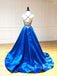 Dark Blue Satin V Neck A-Line Spaghetti Straps Long Backless Evening Prom Dresses, Cheap Custom prom dresses, MR7395