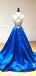 Dark Blue Satin V Neck A-Line Spaghetti Straps Long Backless Evening Prom Dresses, Cheap Custom prom dresses, MR7395