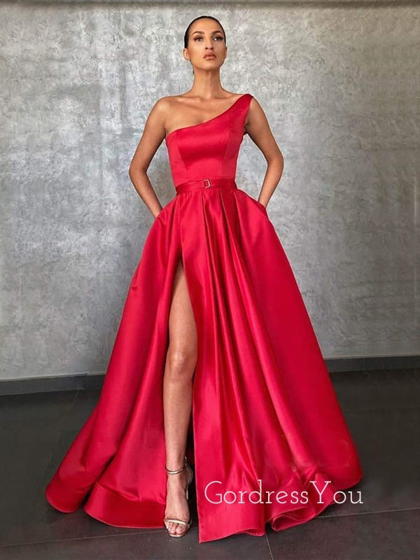 One Shoulder Red Satin A-Line Side Slit Long Backless Evening Prom Dresses, Cheap Custom prom dresses, MR7396