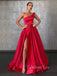 One Shoulder Red Satin A-Line Side Slit Long Backless Evening Prom Dresses, Cheap Custom prom dresses, MR7396