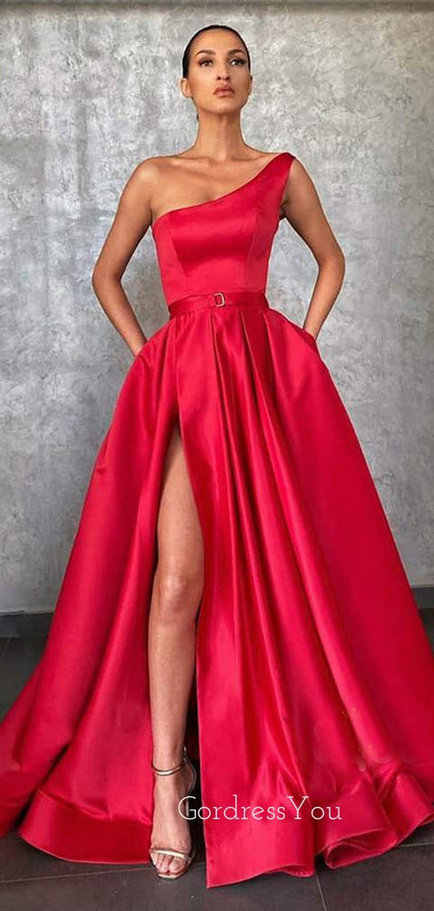 One Shoulder Red Satin A-Line Side Slit Long Backless Evening Prom Dresses, Cheap Custom prom dresses, MR7396