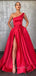 One Shoulder Red Satin A-Line Side Slit Long Backless Evening Prom Dresses, Cheap Custom prom dresses, MR7396