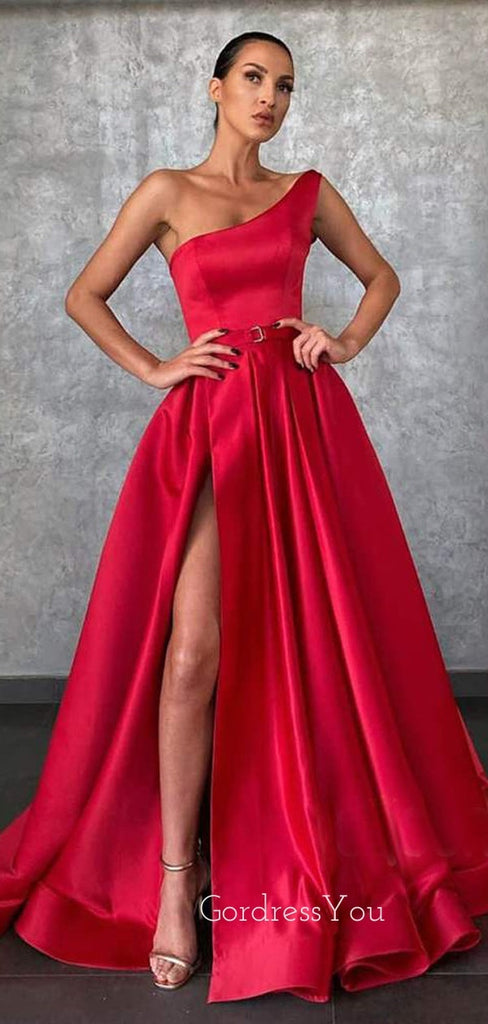 One Shoulder Red Satin A-Line Side Slit Long Backless Evening Prom Dresses, Cheap Custom prom dresses, MR7396