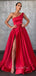 One Shoulder Red Satin A-Line Side Slit Long Backless Evening Prom Dresses, Cheap Custom prom dresses, MR7396