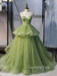 Ball Gown Spaghetti Straps Green Tulle Long Evening Prom Dresses, Cheap Custom Prom Dresses, MR7404