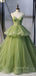 Ball Gown Spaghetti Straps Green Tulle Long Evening Prom Dresses, Cheap Custom Prom Dresses, MR7404