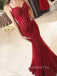 Burgundy Tulle Appliques Spaghetti Straps V Neck Mermaid Lace Long Evening Prom Dresses, Cheap Custom Prom Dresses, MR7420