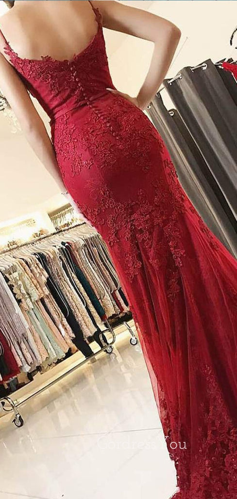 Burgundy Tulle Appliques Spaghetti Straps V Neck Mermaid Lace Long Evening Prom Dresses, Cheap Custom Prom Dresses, MR7420