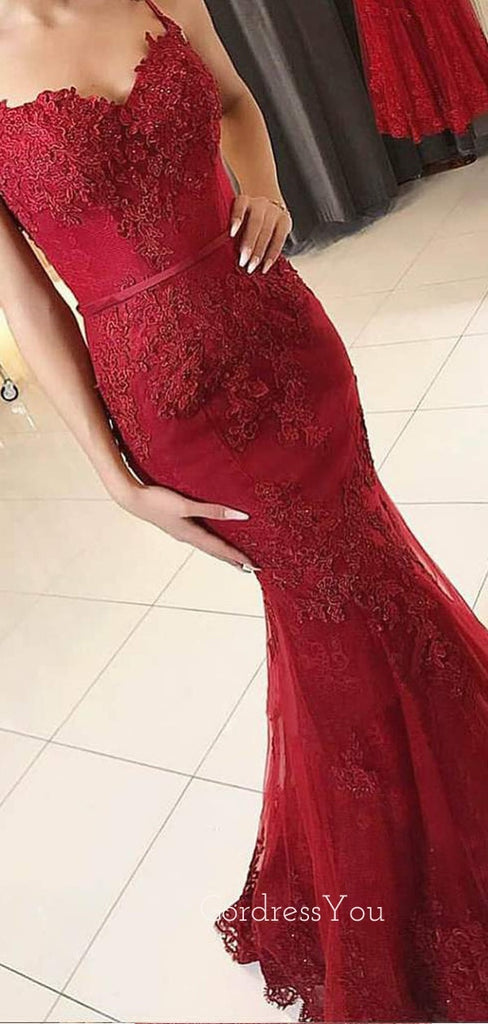 Burgundy Tulle Appliques Spaghetti Straps V Neck Mermaid Lace Long Evening Prom Dresses, Cheap Custom Prom Dresses, MR7420