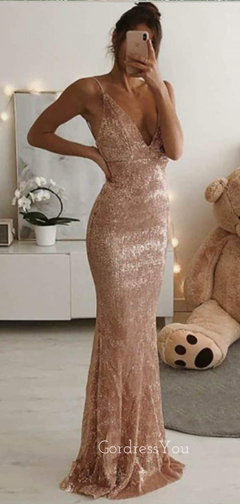 Gold Sequin Spaghetti Straps V Neck Mermaid Long Evening Prom Dresses, Cheap Custom Prom Dresses, MR7421