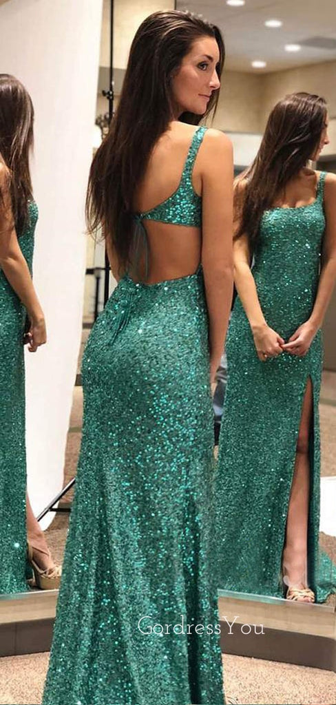 Green Sequin Side Slit Backless Long Evening Prom Dresses, Cheap Custom Prom Dresses, MR7424