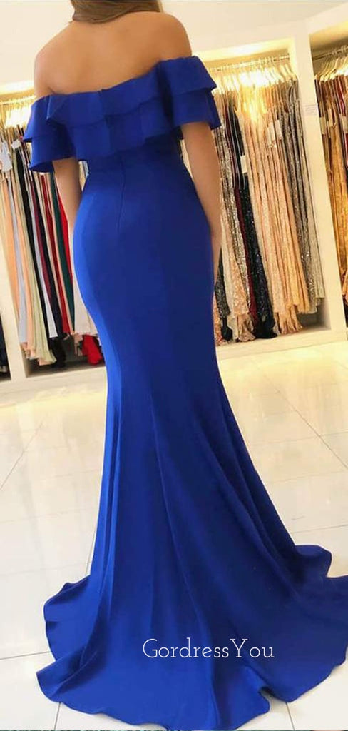 Off Shoulder Blue Mermaid Side Slit Long Evening Prom Dresses, MR7425