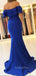 Off Shoulder Blue Mermaid Side Slit Long Evening Prom Dresses, MR7425