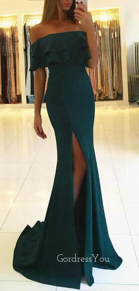 Off Shoulder Blue Mermaid Side Slit Long Evening Prom Dresses, MR7425