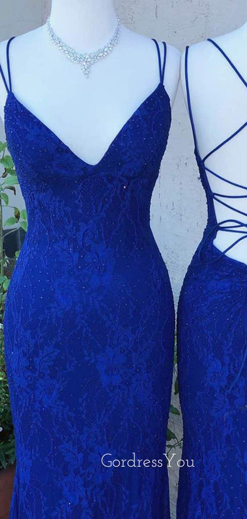 Copy of Dark Blue Lace Spaghetti Straps V Neck Mermaid Long Evening Prom Dresses, Cheap Custom Prom Dresses, MR7427