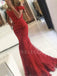 Off Shoulder Red Mermaid Beaded Long Evening Prom Dresses, MR7429