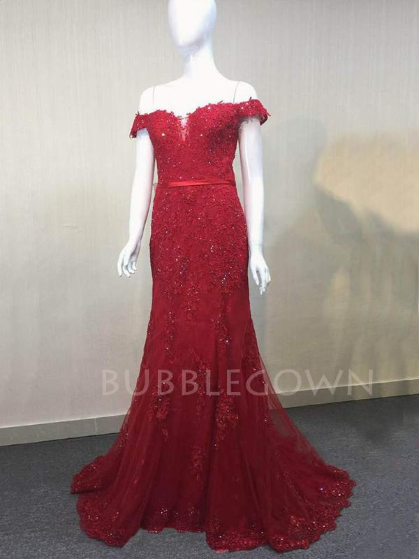 Off Shoulder Red Mermaid Beaded Long Evening Prom Dresses, MR7429