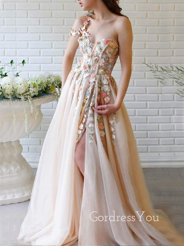 One Shoulder V Neck Champagne Tulle Appliques A-line Long Evening Prom Dresses, Cheap Custom V Neck Prom Dress, MR7430