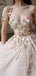 One Shoulder V Neck Champagne Tulle Appliques A-line Long Evening Prom Dresses, Cheap Custom V Neck Prom Dress, MR7430