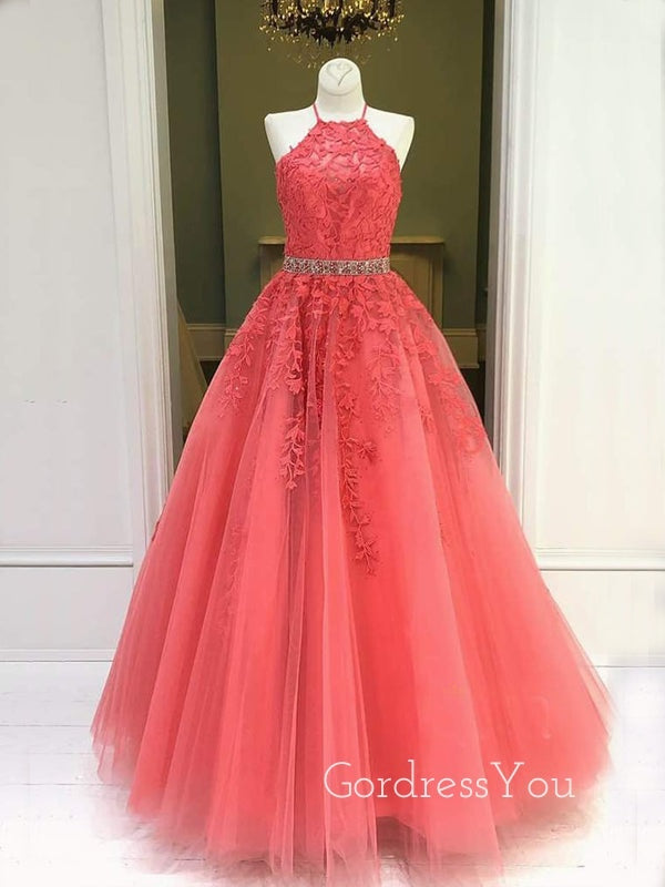 A-line Halter Watermelon Red Tulle Appliques Lace Long Evening Prom Dresses, Cheap Custom Prom Dress, MR7431