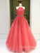 A-line Halter Watermelon Red Tulle Appliques Lace Long Evening Prom Dresses, Cheap Custom Prom Dress, MR7431