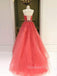 A-line Halter Watermelon Red Tulle Appliques Lace Long Evening Prom Dresses, Cheap Custom Prom Dress, MR7431