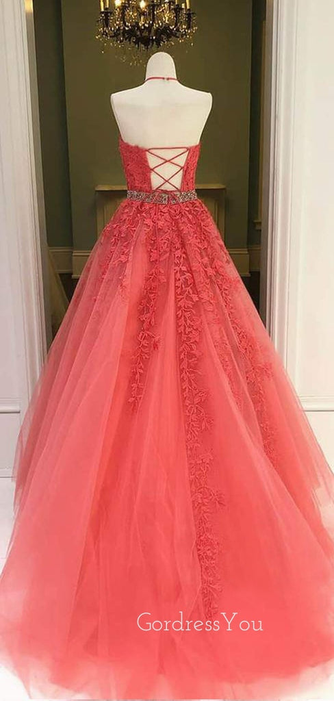 A-line Halter Watermelon Red Tulle Appliques Lace Long Evening Prom Dresses, Cheap Custom Prom Dress, MR7431