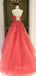 A-line Halter Watermelon Red Tulle Appliques Lace Long Evening Prom Dresses, Cheap Custom Prom Dress, MR7431