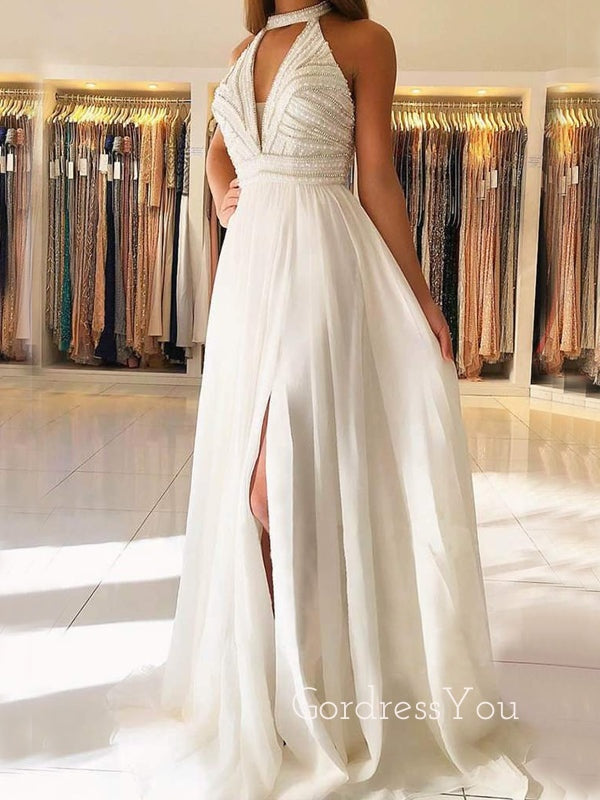 Deep V Neck White Chiffon Halter Beaded Long Evening Prom Dresses, Chiffon Beach Wedding Dresses, MR7432