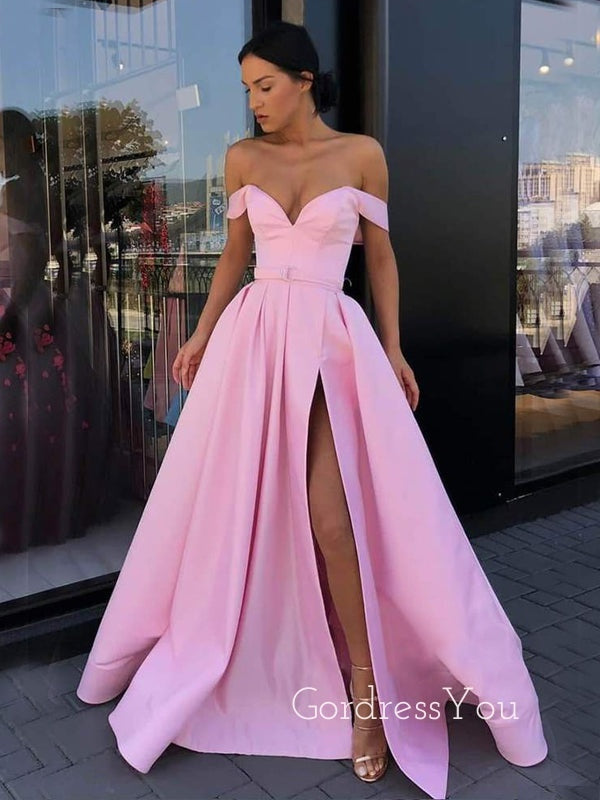 A-line Pink Satin Off Shoulder Side Slit Long Evening Prom Dresses, Cheap Custom prom dresses, MR7434