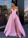 A-line Pink Satin Off Shoulder Side Slit Long Evening Prom Dresses, Cheap Custom prom dresses, MR7434