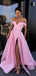 A-line Pink Satin Off Shoulder Side Slit Long Evening Prom Dresses, Cheap Custom prom dresses, MR7434