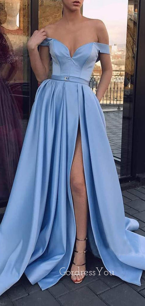 A-line Pink Satin Off Shoulder Side Slit Long Evening Prom Dresses, Cheap Custom prom dresses, MR7434