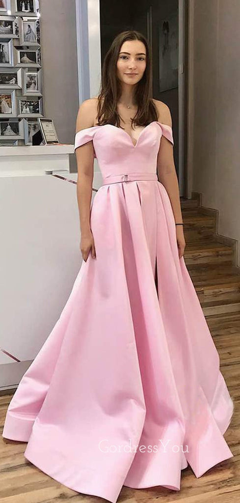 A-line Pink Satin Off Shoulder Side Slit Long Evening Prom Dresses, Cheap Custom prom dresses, MR7434