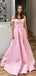 A-line Pink Satin Off Shoulder Side Slit Long Evening Prom Dresses, Cheap Custom prom dresses, MR7434