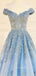 Off Shoulder A-line Blue Tulle Appliques Lace Long Evening Prom Dresses, Cheap Custom Prom Dresses, MR7441