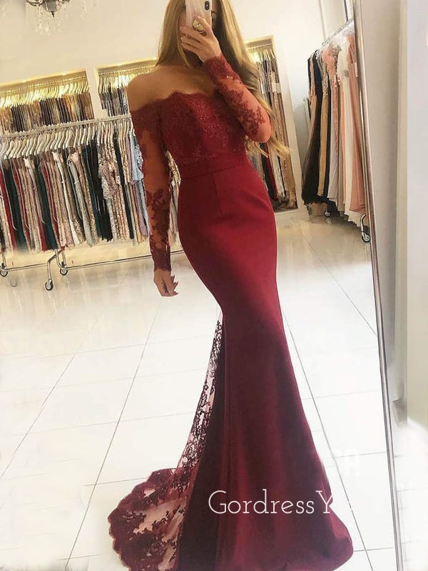 Off Shoulder Appliques Long Sleeves Mermaid Lace Long Evening Prom Dresses, Cheap Custom Prom Dresses, MR7443