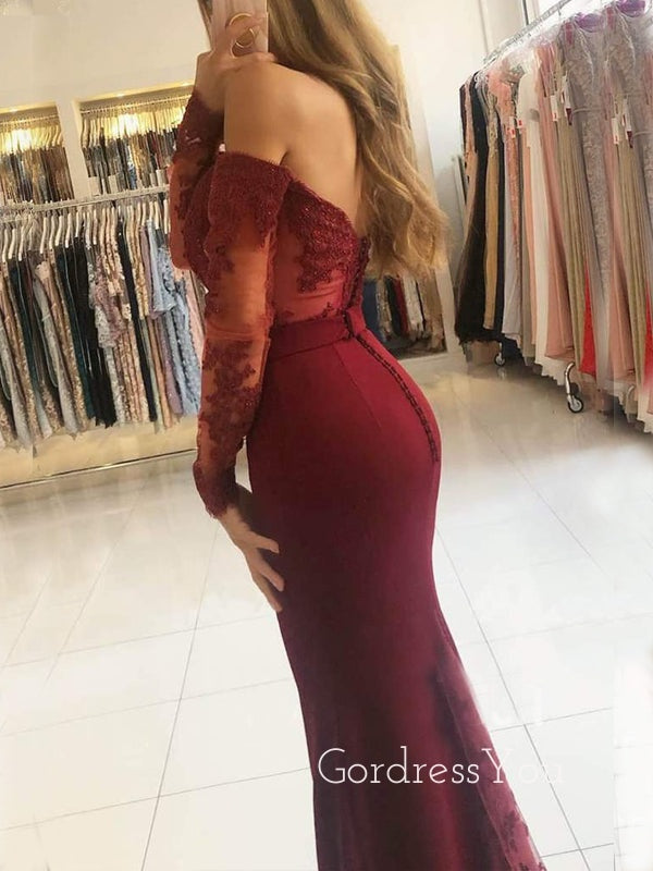 Off Shoulder Appliques Long Sleeves Mermaid Lace Long Evening Prom Dresses, Cheap Custom Prom Dresses, MR7443