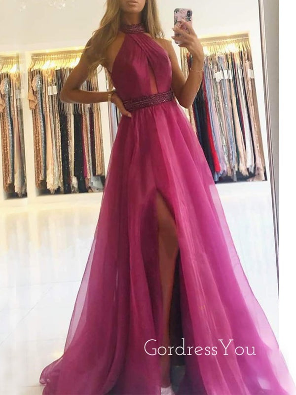 A-line Chic Halter High Split Organza Long Evening Prom Dresses, Cheap Prom Dresses, MR7444