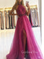 A-line Chic Halter High Split Organza Long Evening Prom Dresses, Cheap Prom Dresses, MR7444