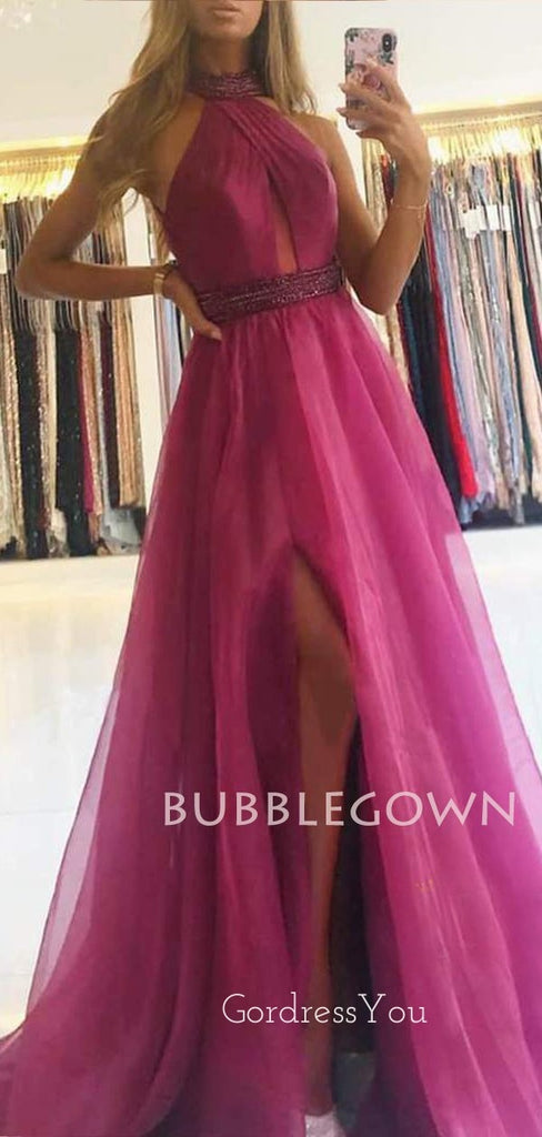 A-line Chic Halter High Split Organza Long Evening Prom Dresses, Cheap Prom Dresses, MR7444