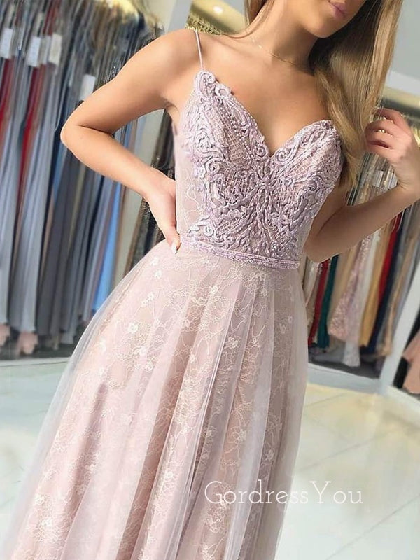 A-line Spaghetti Straps Appliques Lace Long Evening Prom Dresses, Cheap Custom Prom Dresses, MR7447