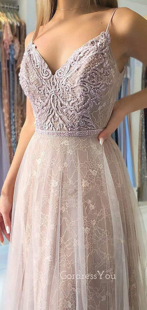 A-line Spaghetti Straps Appliques Lace Long Evening Prom Dresses, Cheap Custom Prom Dresses, MR7447