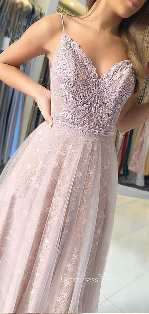 A-line Spaghetti Straps Appliques Lace Long Evening Prom Dresses, Cheap Custom Prom Dresses, MR7447